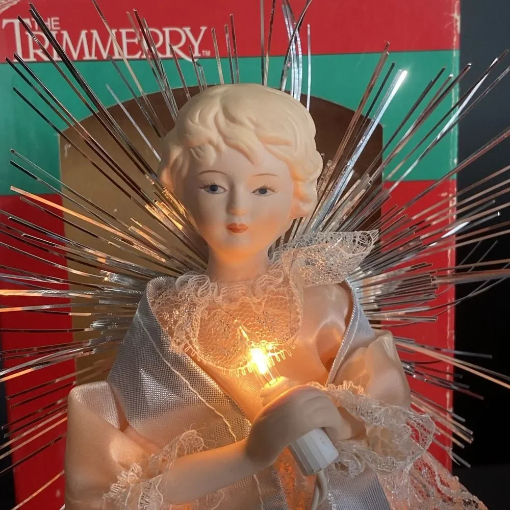 Vintage Lighted Angel Tree Topper Pink Dress Silver Tinsel Shopko 10